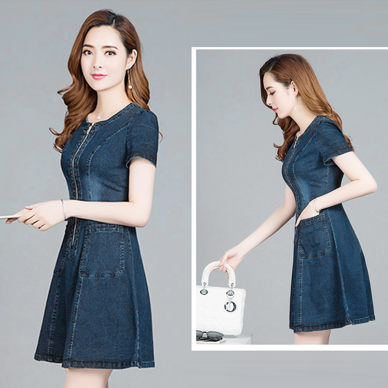 ĐẦM JEAN BIG SIZE XÒE CỔ TRÒN KHÓA KÉO TRƯỚC NGỰC